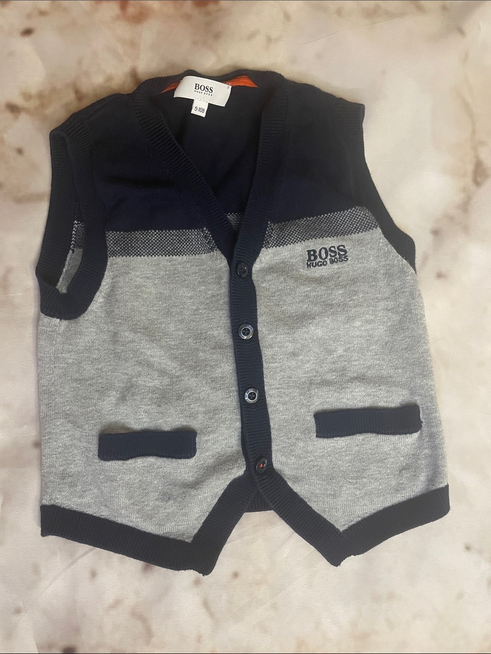 Hugo Boss Kids Grey and Navy Button-Up Knit Vest